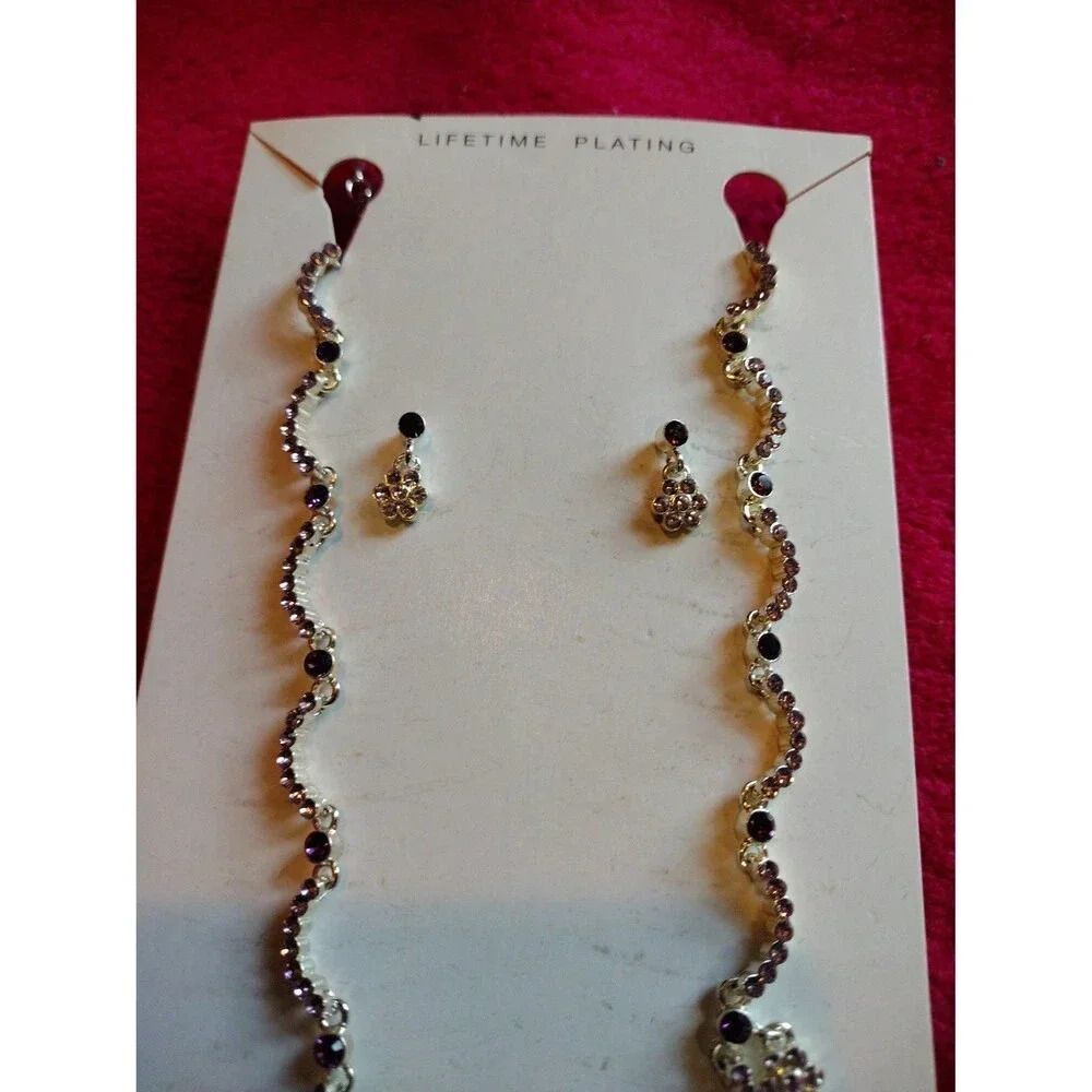 Austrian Purple and Clear Crystal Necklace and Earrings Set Titanium Post